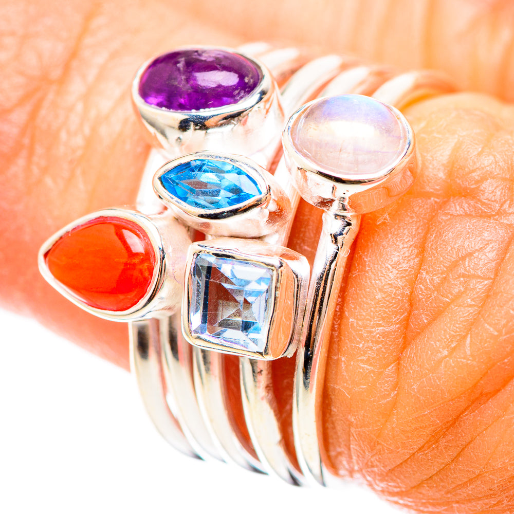 Rainbow Moonstone, Amethyst, Carnelian, Blue Topaz Ring Size 6.25 (925 Sterling Silver) RING136324