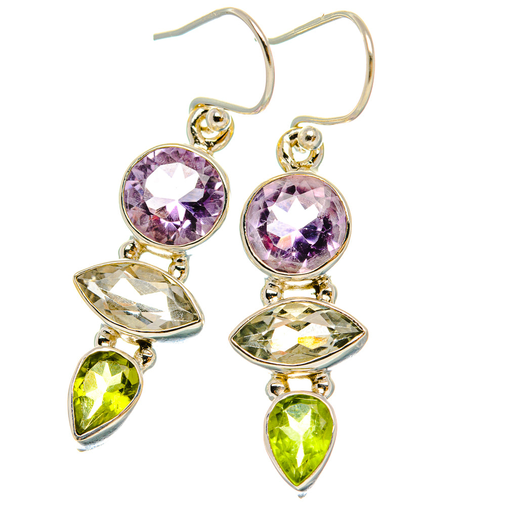Anasilvercos Faceted Green Amethyst, Amethyst, Peridot Earrings 1 1/2" (925 Sterling Silver)