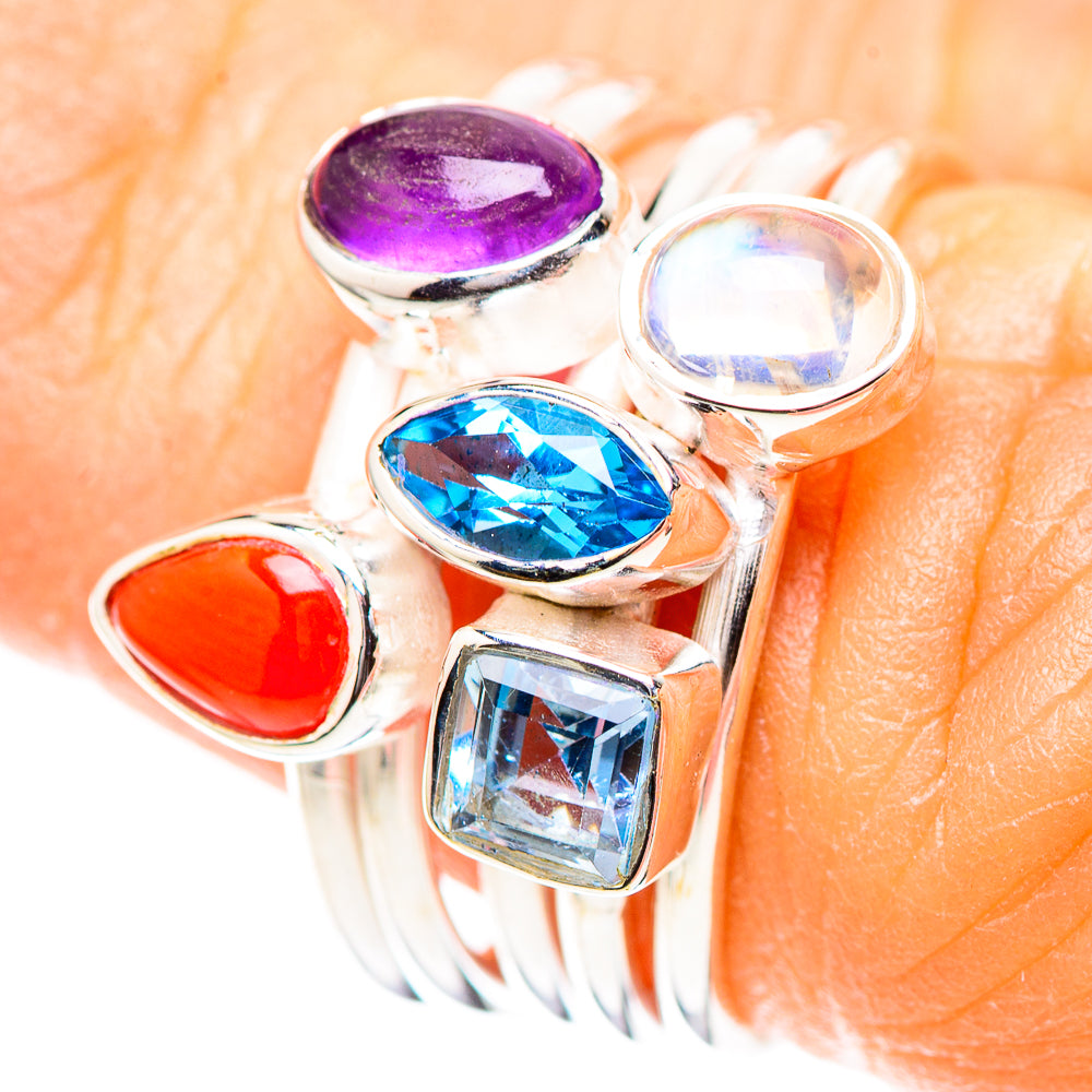 Red Coral, Amethyst, Blue Topaz, Rainbow Moonstone Ring Size 6.25 (925 Sterling Silver) RING136579