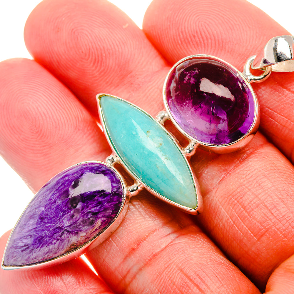 Charoite, Amazonite, Amethyst 925 Sterling Silver Pendant 2 1/2" (925 Sterling Silver) PD37707