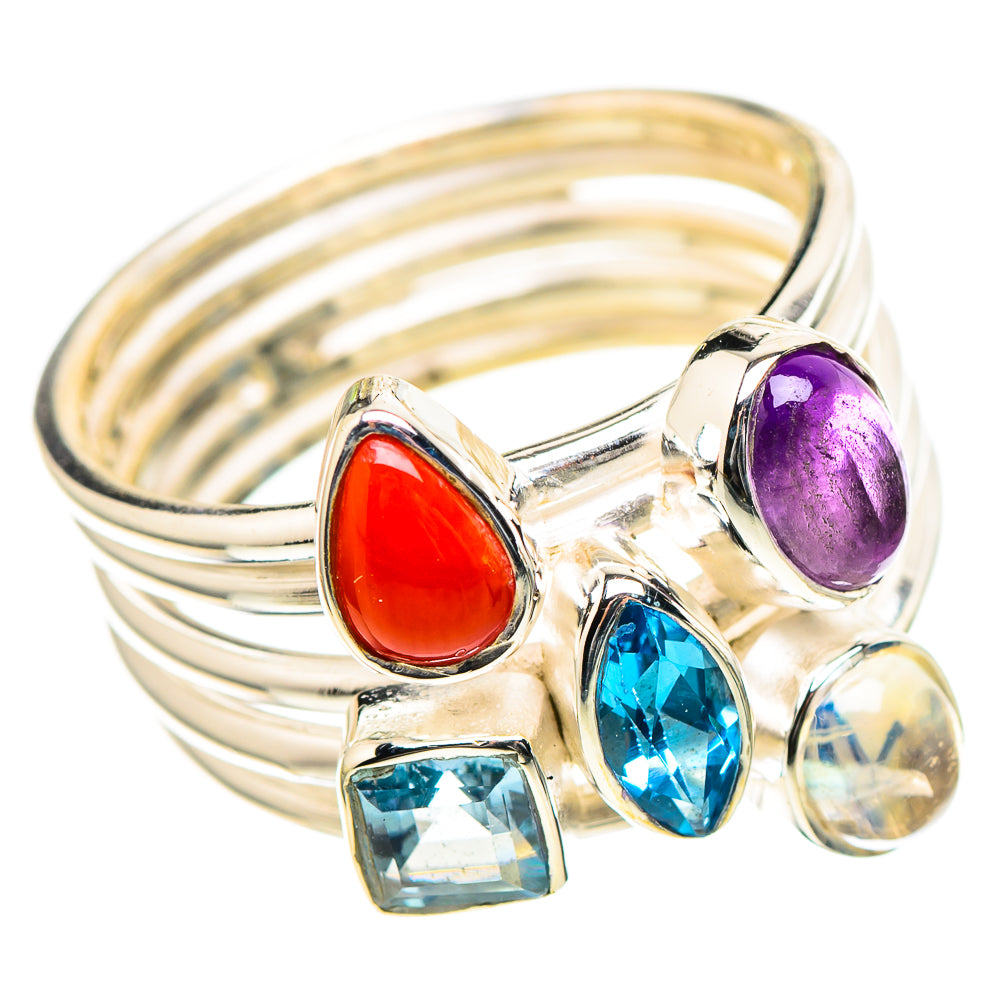 Red Coral, Amethyst, Blue Topaz, Rainbow Moonstone Ring Size 6.25 (925 Sterling Silver) RING136579