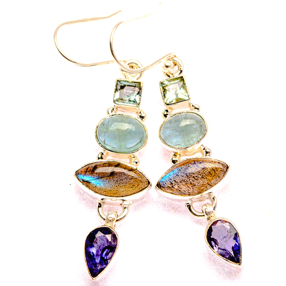 Labradorite, Tanzanite, Aquamarine, Blue Topaz Earrings 1 7/8" (925 Sterling Silver) EARR431815