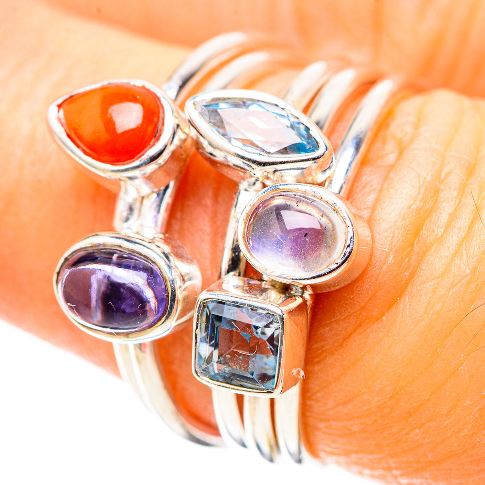 Tanzanite, Red Coral, Rainbow Moonstone, Blue Topaz Ring Size 6.5 (925 Sterling Silver) RING136787