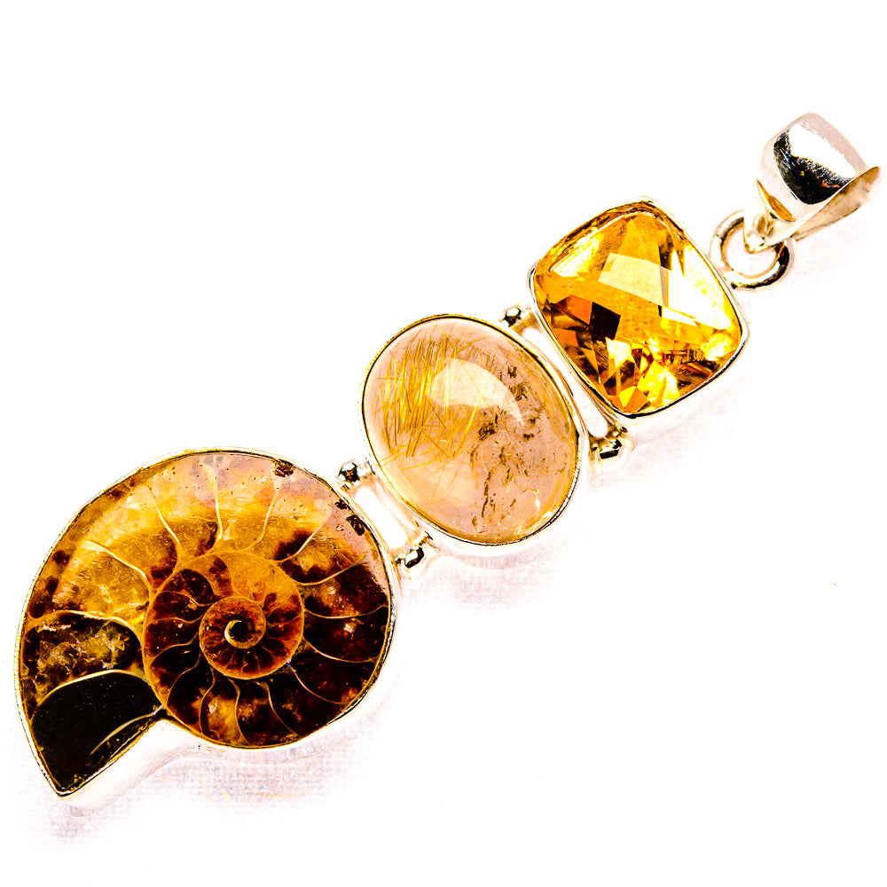 Ammonite Fossil, Rutilated Quartz, Citrine Pendant 2 1/4" (925 Sterling Silver) PD37477