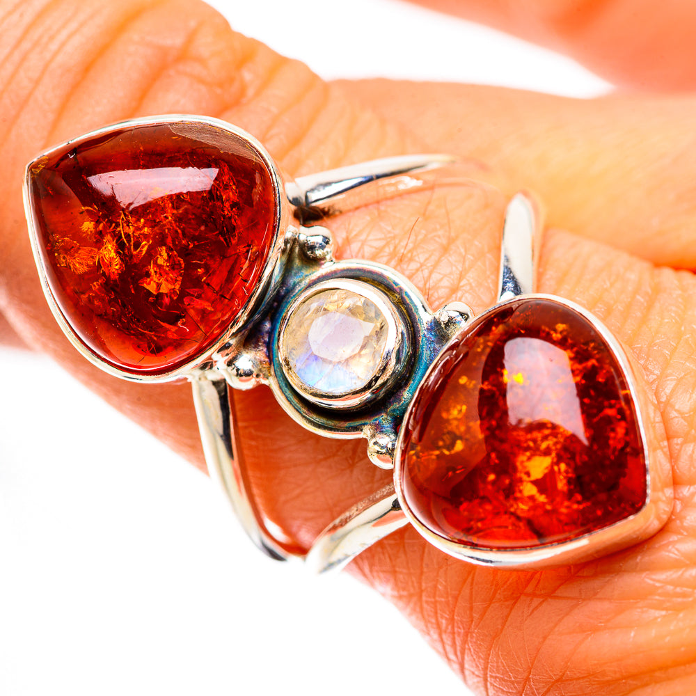 Baltic Amber, Rainbow Moonstone Ring Size 9 (925 Sterling Silver) RING134963