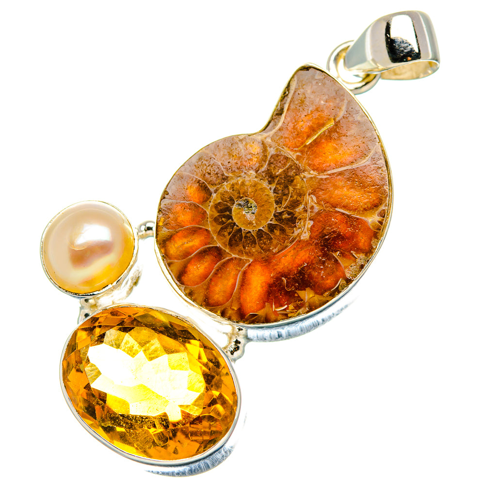 Ammonite Fossil, Citrine, Cultured Pearl Pendant 2"  (925 Sterling Silver) PD37274