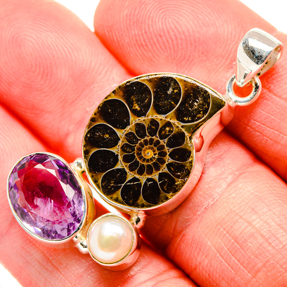 Ammonite Fossil, Amethyst, Cultured Pearl Pendant 1 3/4"  (925 Sterling Silver) PD36939