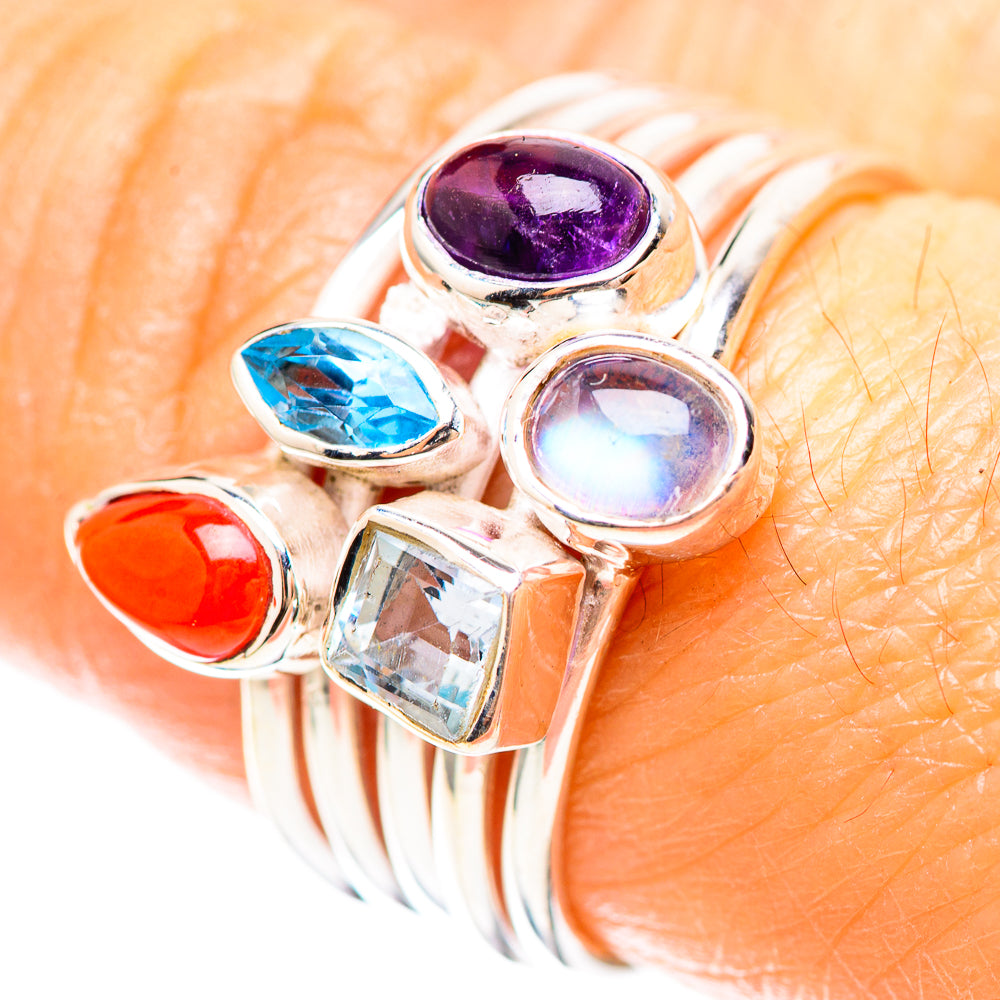 Red Coral, Amethyst, Moonstone, Blue Topaz Sterling Silver Ring Size 8 R136306